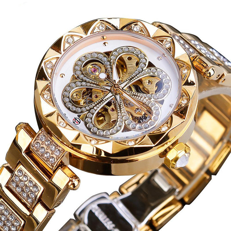 Forsining Mechanical Automatic Ladies Watches Top Brand Luxury Rhinestone Female Wrist Watches Rose Gold Stainless Steel Clock