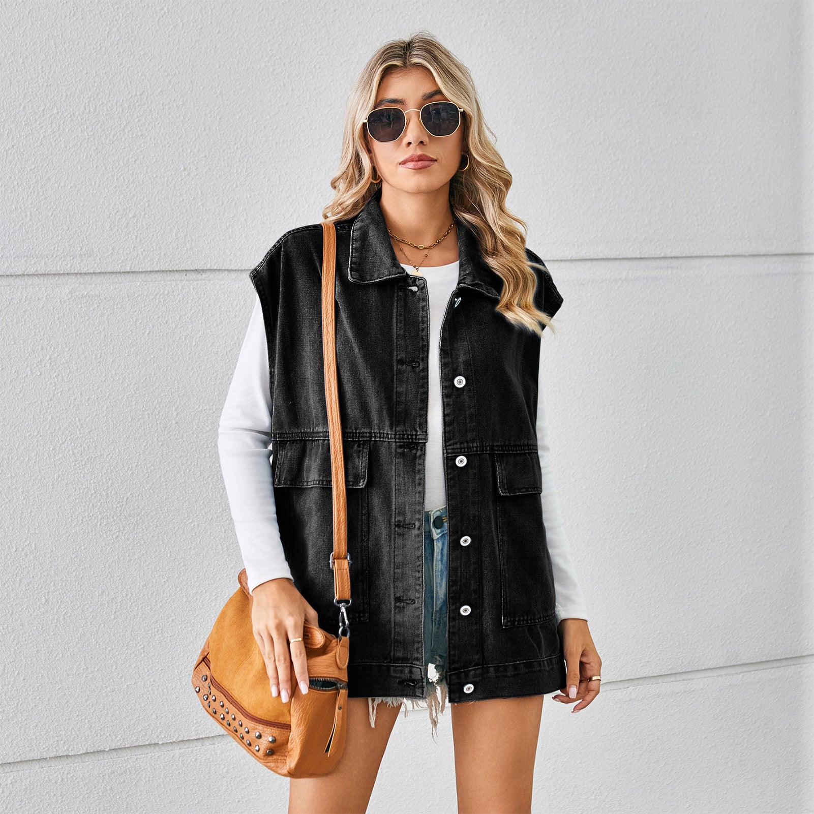 Denim Vest With Big Pockets Fashion Sleeveless Outwear Vest For Womens Clothing